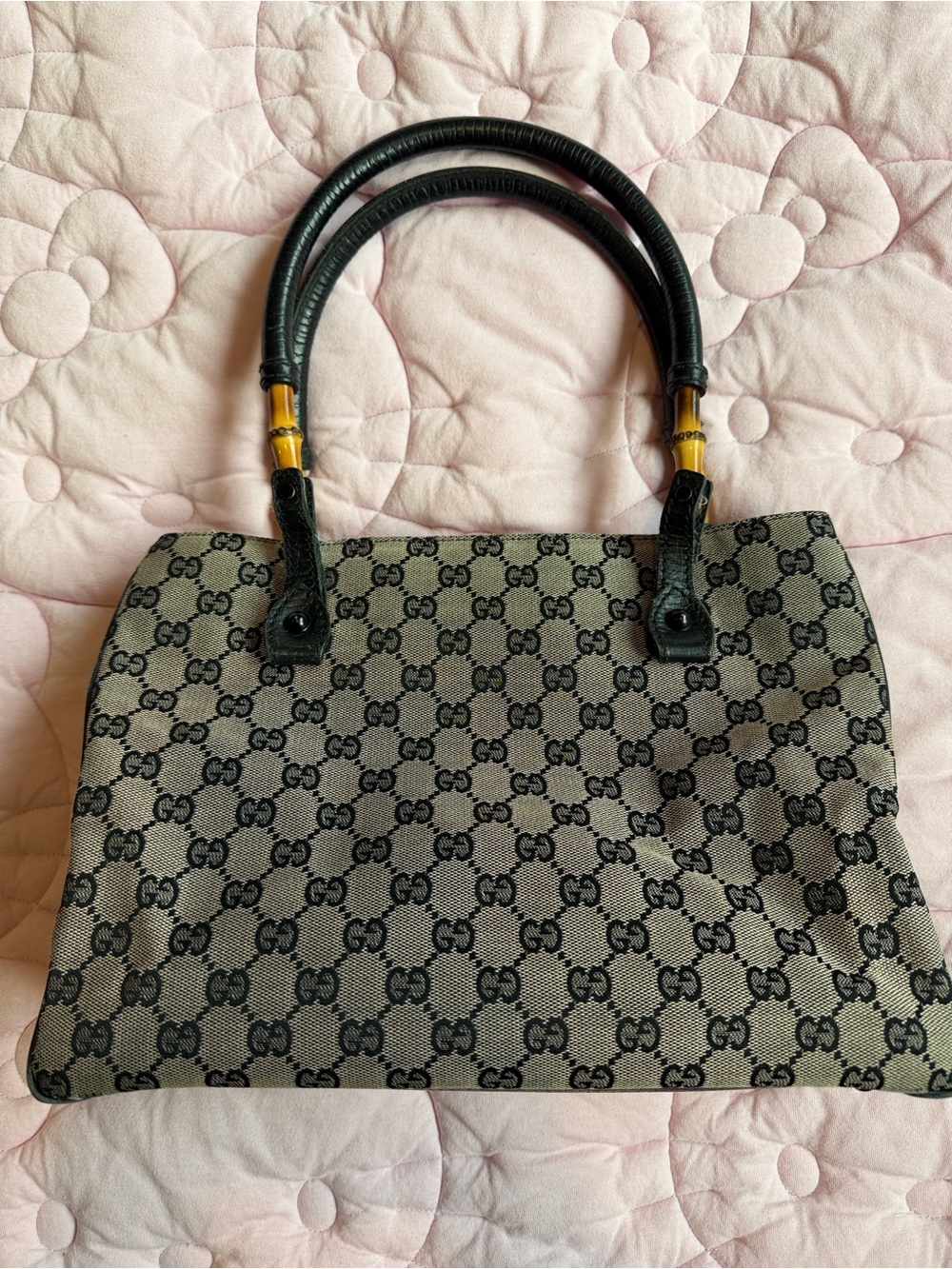 Gucci Black & Grey GG Canvas Tote with Bamboo Accents